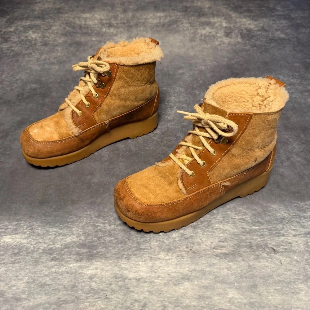 VTG 70s Dexter Women Brown Leather Suede Shearling Lined Lace Up Winter Boots 7M